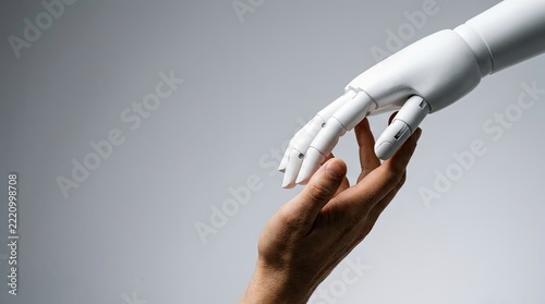 White robot hand reaching to touch human hand on gray background representing AI and human connection