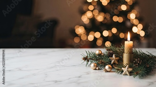 New Years candle with fir branches, gold baubles and star ornaments on white marble table with blurred glowing tree background, festive copy space