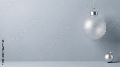 Minimalist Christmas bauble on grey background, clear glass frosted holiday ornament, elegant winter festive decoration with copy space