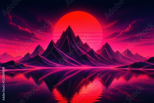 Neon mountains reflecting red sun over mirrored lake retro synthwave