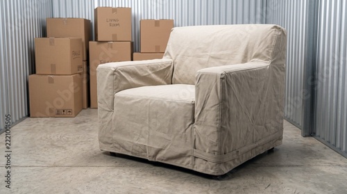 Beige fabric covered armchair in storage unit beside stacked cardboard moving boxes with fragile labels on concrete floor, furniture storage and relocation