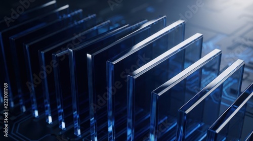 Abstract 3D Render Technology Background with Glass Plates and Circuitry Concept
