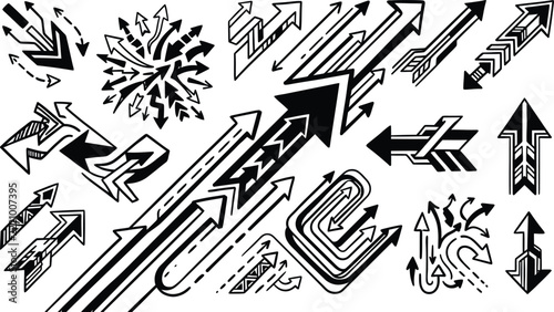 A diverse collection of arrows exploring directional indicators in various styles and perspectives for graphic design applications