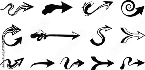 A diverse collection of artistic arrow designs exploring directionality and visual communication through symbolic imagery and graphic elements