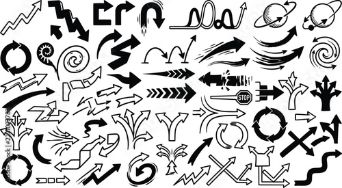 A diverse collection of hand drawn arrows and symbolic shapes exploring directionality and visual communication in abstract form