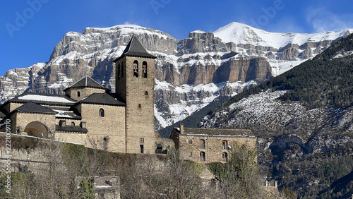 Beautiful winter landscape of Torla Ordesa village covered in snow, Aragon, Spain