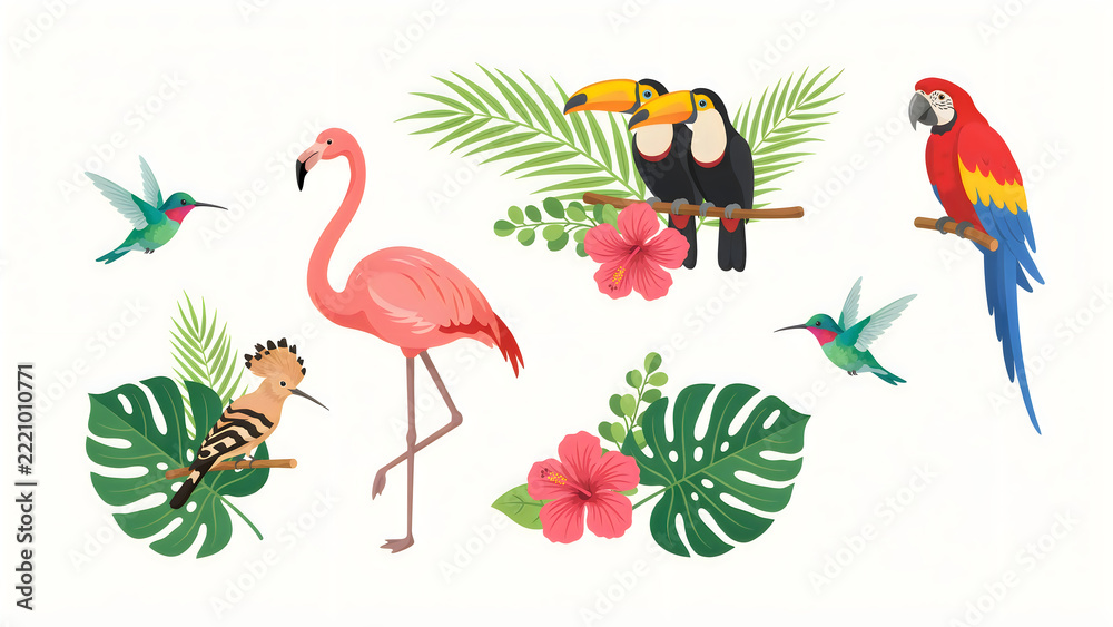 Fototapeta premium Set of colorful tropical birds with exotic flowers and green palm leaves in flat vector style
