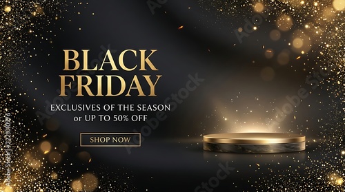 Black Friday luxury sale promotion with golden jewelry on dark