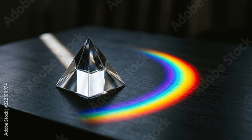 Glass pyramid prism refracting light into a vibrant rainbow spectrum on a dark surface.
