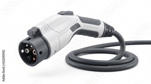 Electric vehicle charging cable connector, isolated white background EV charger plug, green eco transportation equipment