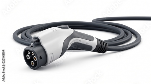Electric vehicle charger cable isolated on white studio background, modern EV charging connector plug, eco transport energy power technology