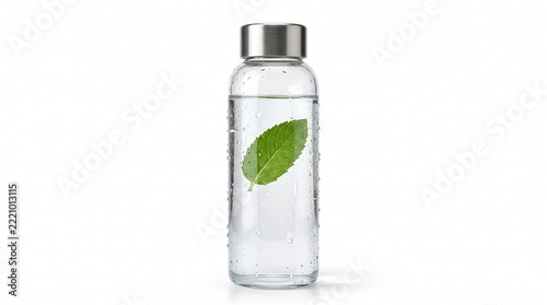 Clear Glass Water Bottle with Green Leaf Inside, Reusable Hydration Flask on White Background, Eco Friendly Drinkware Concept