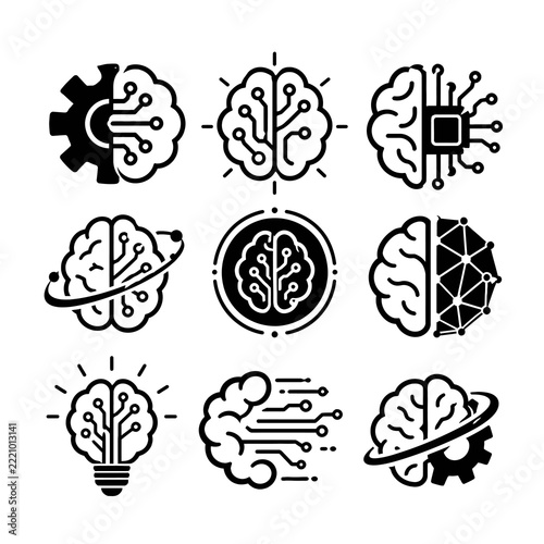 Artificial Intelligence Brain Vector Icons Set - Black and White AI Tech Graphics