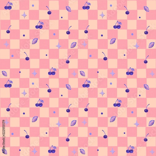 Seamless Purple Cherry Pattern on Pink and Peach Checkerboard