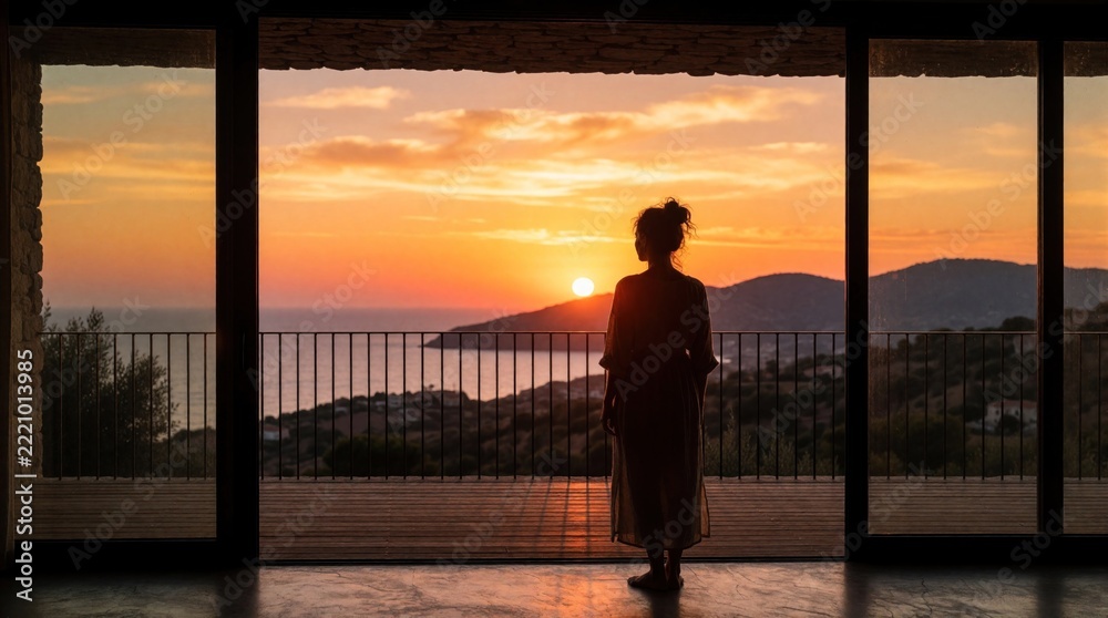Fototapeta premium Silhouette of woman standing on balcony watching orange sunset over ocean. Lone female looks at beautiful horizon from luxury hotel terrace. Calm evening atmosphere with golden sky, sea view during