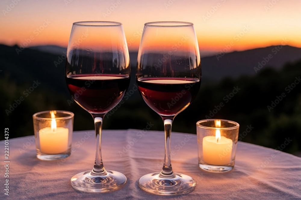 Naklejka premium Two glasses of red wine stand on table with lit candles at sunset. Romantic evening dinner setup overlooking scenic hills. Warm candlelight glow creates intimate atmosphere for couple toast during