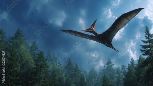 Pteranodon in flight above misty green forest under blue sky with scattered clouds, with pteranodon, flying, dinosaur, flight detail, showing wing, sky, cloud, blue context