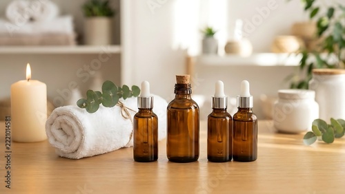 Three amber glass dropper bottles with skincare serum on a wooden table with a white towel, eucalyptus leaves, and a burning candle in a spa