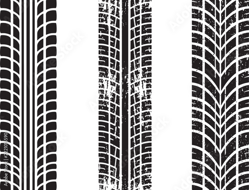 Black and white set of three different tire tread tracks with clean and grunge textures al print