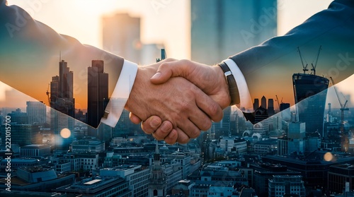 Close up of a professional handshake against a backdrop city skyline