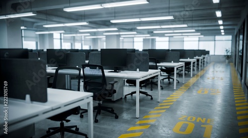 Spacious open plan office with desks computers and warning floor markings