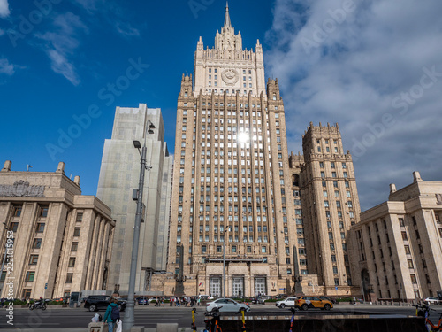 10 August 2026 Russia Moscow view of the Ministry of Foreign Affairs building with its distinctive Stalinist architecture and tower rising above the city