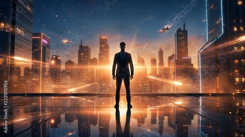 Businessman standing on rooftop terrace looking over illuminated urban skyline