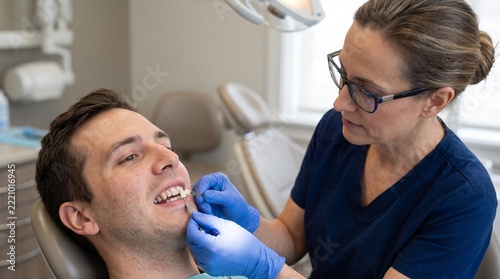 Dentist examining patient teeth with shade guide in clinical setting with copy space