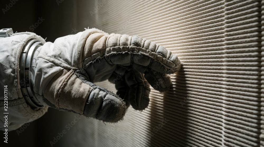 Fototapeta premium Close up of astronaut gloved hand touching 3D printed polymer wall. Space explorer feels textured surface of modern habitat structure on Mars. Advanced tech engineering used for building