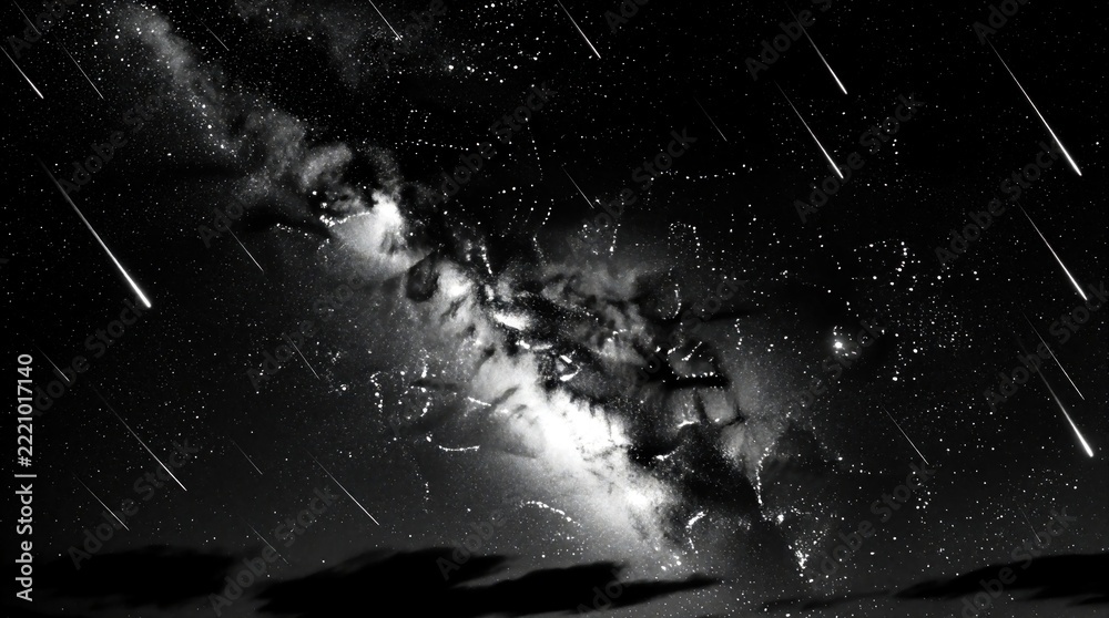 Fototapeta premium Milky Way galaxy stretches across dark night sky with bright stars. Meteors fall through cosmos during meteor shower. Shooting stars streak past glowing nebulae, cosmic dust in deep space. Vast