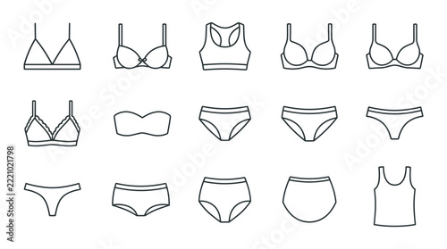 Fotografie Women's underwear line icon set with bra briefs bralette camisole tank top and s
