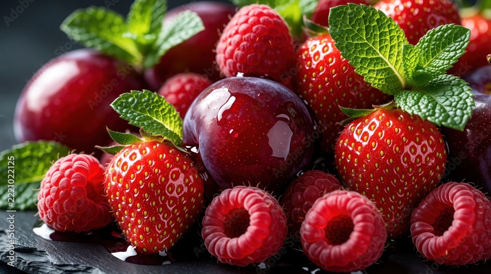 Fototapeta premium Macro view of fresh berries, plums with mint leaves. Red strawberries, raspberries, ripe plums on dark stone surface. Sweet summer fruit dessert with juicy texture, green herbs. Gourmet vegan food