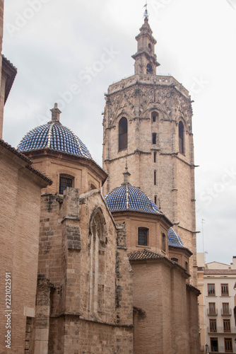 Historic Miguelete bell tower and blue domes of Valencia Cathedral in Spain