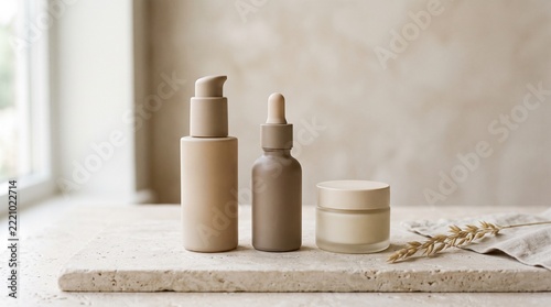 Set of natural skincare cosmetic bottles and cream jar on stone