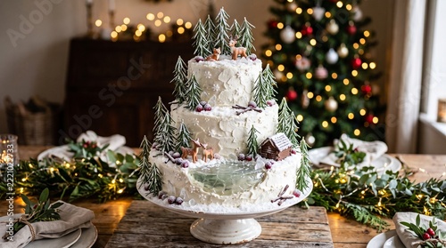 Three tier christmas cake decorated with winter forest scene and deer