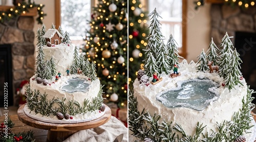 Two tier christmas cake decorated with snowy pine trees and