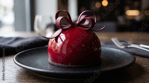 Red glazed spherical mousse cake with chocolate bow on a black plate