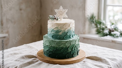 Two tier ombre green frosted cake with snowflake topper for winter