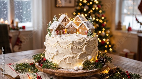 Festive christmas cake decorated with gingerbread houses on a wooden
