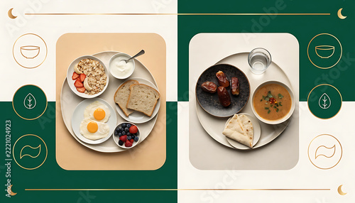 Ramadan suhoor and iftar meal comparison infographic isolated on
