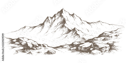 Majestic rocky mountain peak landscape with boulders and rugged terrain in vintage engraving sketch style background vector illustration.