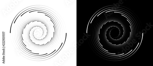 Yin yang style spiral made of halftone dots decreasing in size by half circle, logo icon or design element, black on white and white on black.