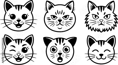 Cat head emotion character line art vector illustration icon set simple