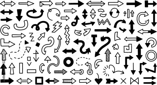 Diverse collection of hand drawn black arrow symbols for navigation and design