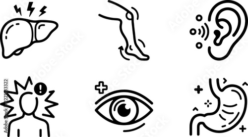 Health assessment icons featuring human organs with clinical symptom indicators