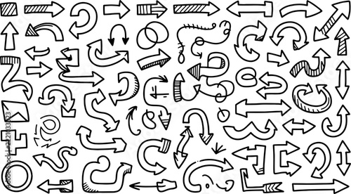 Large assortment of decorative hand drawn sketchy arrows for creative projects