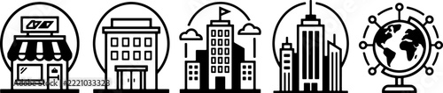 Modern city building icons in black linear style for urban development projects real