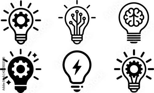 Lightbulb idea concept icons in black outline for creative thinking innovation tech