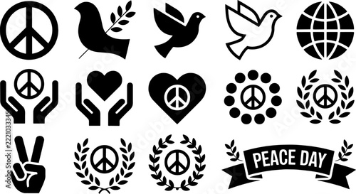 Peace icon collection featuring dove holding olive branch heart and world globe