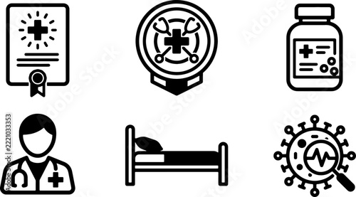 Medical care line icons set with doctor certificate prescription and hospital bed